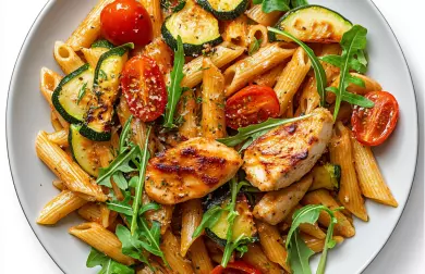 Těstoviny z červené čočky s kuřecím a zeleninou