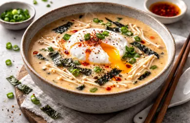 Krémová miso polévka s bílými fazolemi, vejcem a enoki