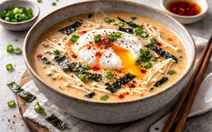 Krémová miso polévka s bílými fazolemi, vejcem a enoki