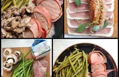 Vepřová panenka ve Schwarzwaldské šunce a bylinkách, smetanové žampiony, zelené fazolky