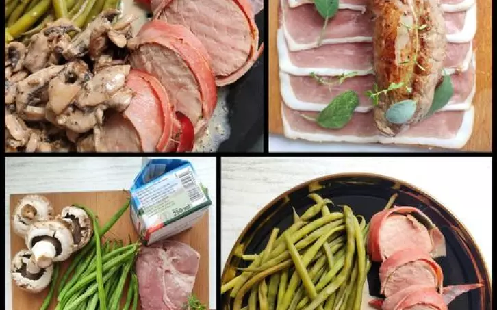 Vepřová panenka ve Schwarzwaldské šunce a bylinkách, smetanové žampiony, zelené fazolky