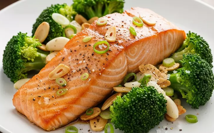 Losos s brokolicí a praženými mandlemi