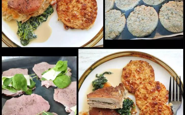 Plněné vepřové maso, smetanový špenát a květákové placičky