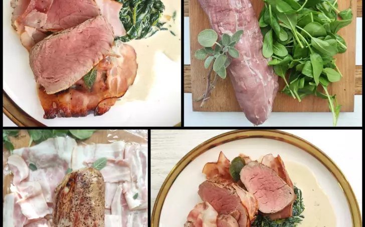 Vepřová panenka ve slanině s šalvějí a smetanový špenát